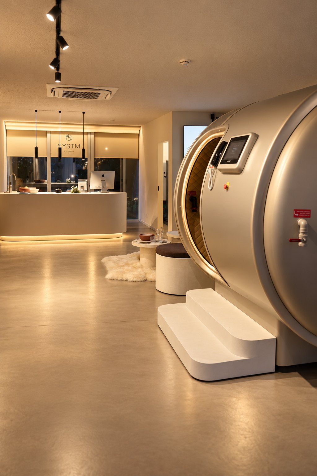 Luxe wellnessruimte met receptie en HBOT-cabine